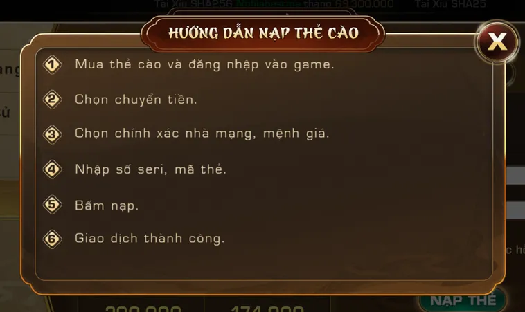 Quy trình nạp tiền qua thẻ cào tại Iwin Club.