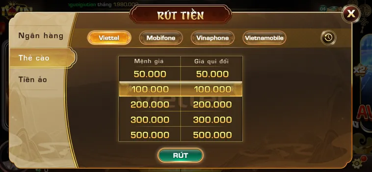 Quy trình rút tiền bằng thẻ cào tại Iwin Club.